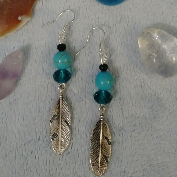Feather Silver Charm Turquoise Blue Black Earrings - Picture 2 of 3